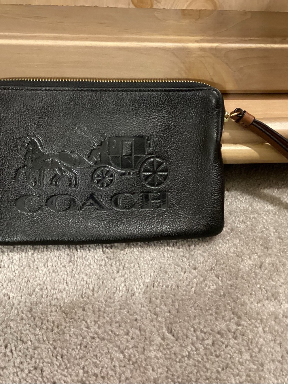 Coach Black Leather Wristlet with Embossed Carriage Logo
